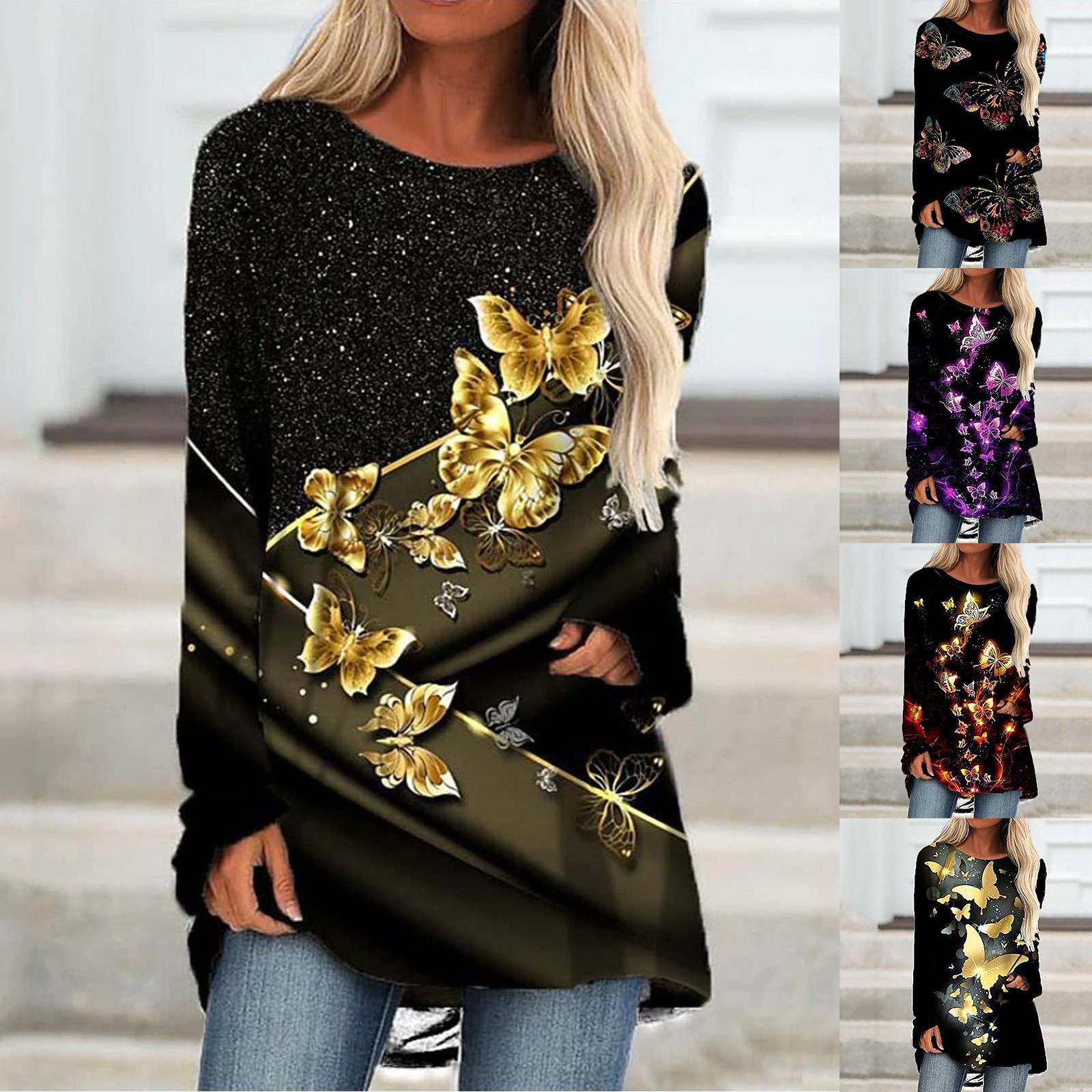 

Женский повседневный свободный топ с длинным рукавом и круглым вырезом с принтом бабочки и длинным рукавом