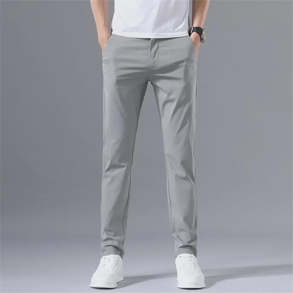 2025 Men's Summer Slim Straight Ice Silk Pants - Elastic, Solid Color, All-Match Casual Trousers