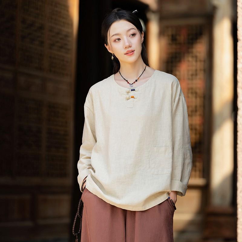 

Johnature Жіночі вінтажні футболки з довгими рукавами, суцільний колір, з ґудзиками та кишенями One Size бежевий