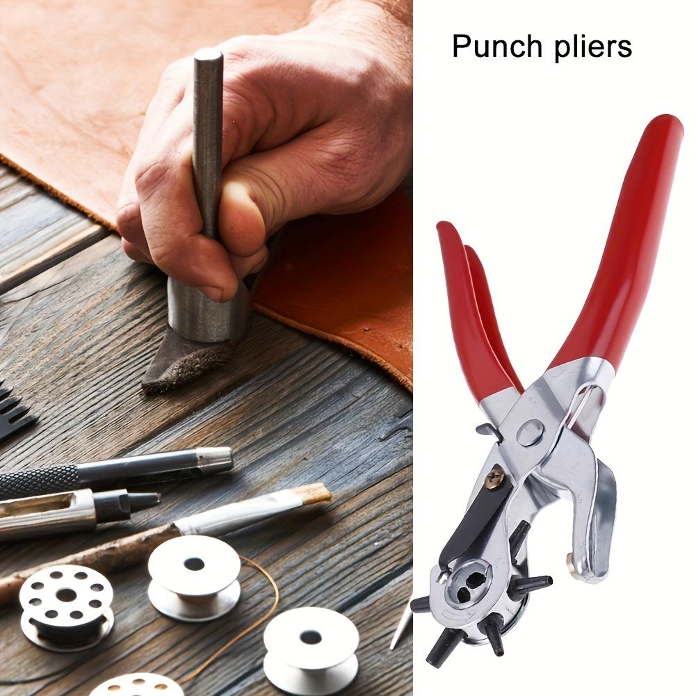 Rotatable multi-size leather perforation pliers tool, carbon steel with comfortable grip and brass perforation stand,  for belts, watch straps,