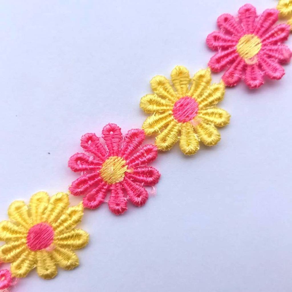 15 Yards/Roll 2.5cm Daisy Sunflower Lace Trim Water-soluble Embroidered Polyester Ribbon for DIY Crafts Sewing Clothing Decors