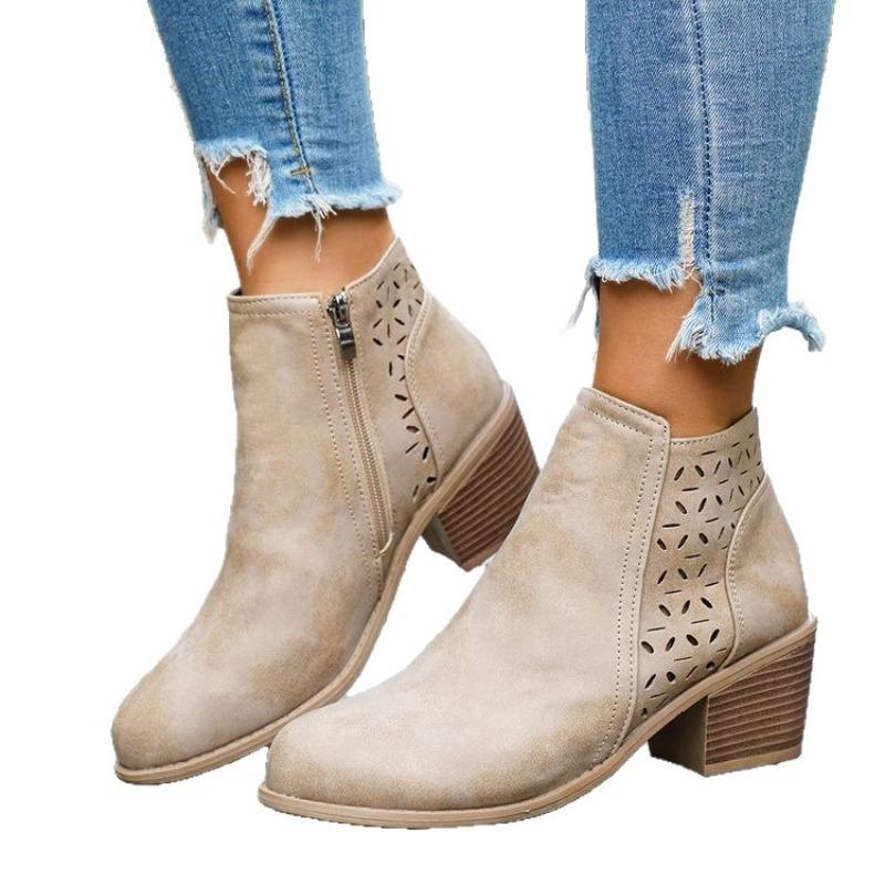 Damen Spitzschuh Blockabsatz Leder Stiefeletten Neue Herbstkollektion Ausgeschnitten Einfarbig Britischer Stil