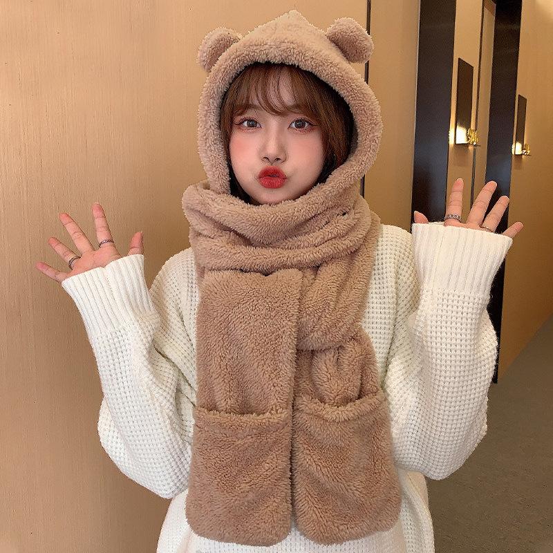 Plush Bear Hat Scarf One-piece Women's Winter Scarf Winter Versatile Cycling Warmth Beanies Caps with Plush Ear Protection Hood