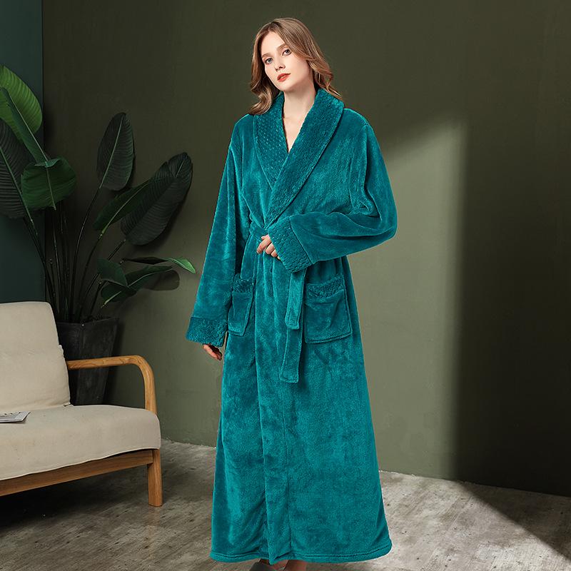Women's & Men's Double-Sided Thick Coral Fleece Bathrobe - Long, Ankle-Length, Ideal for Autumn & Winter