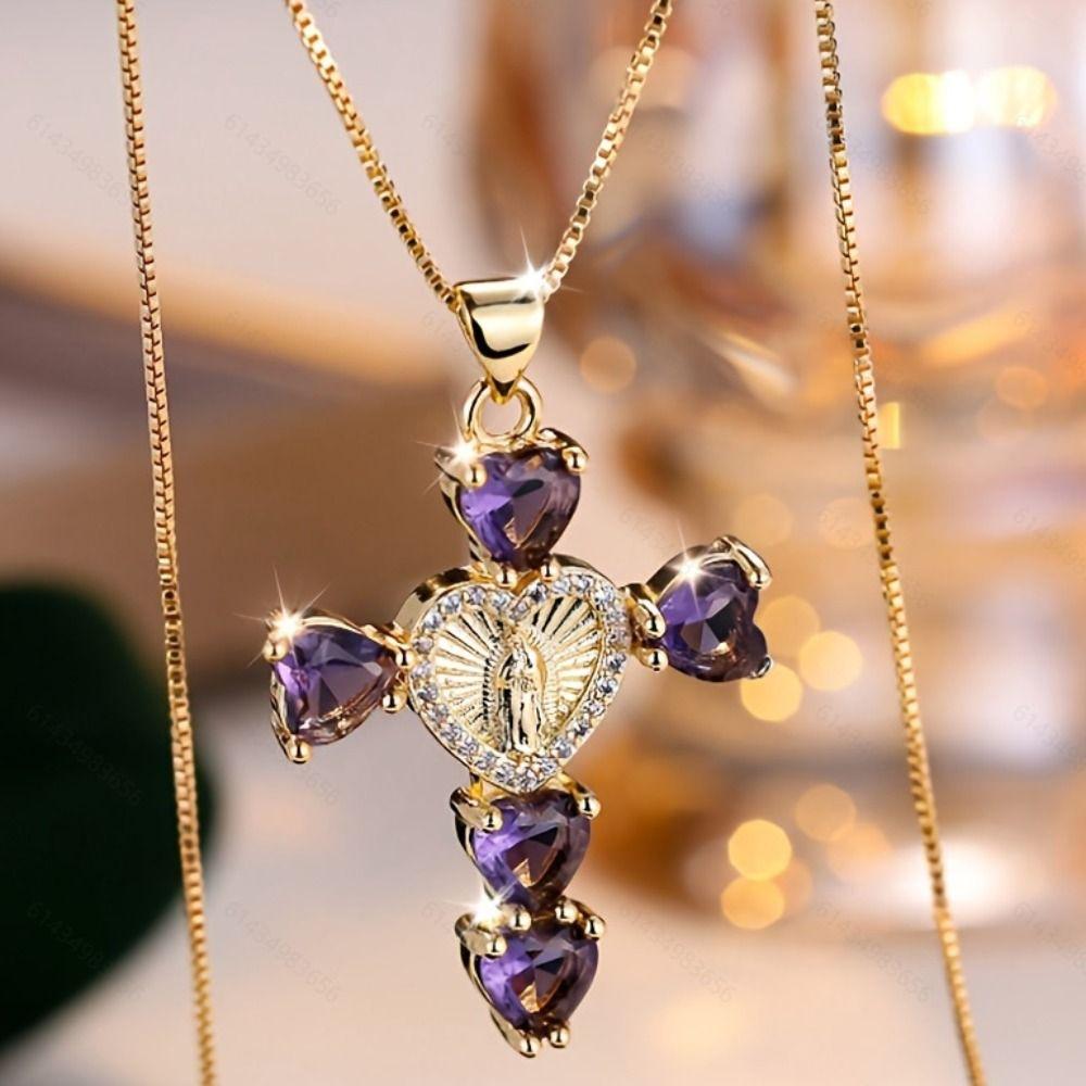 Gold & Silver Plated Religious Necklace Heart Cubic Crystal Chain Necklace for Women