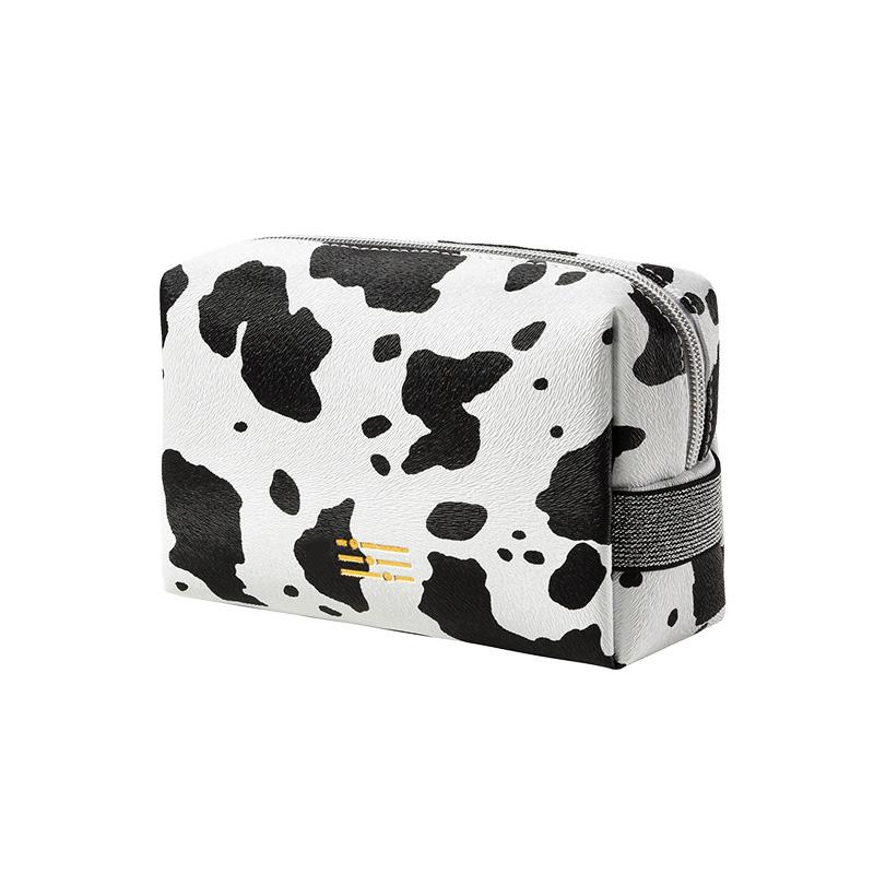Portable Makeup Bag Cow Print Waterproof PU Toiletry Bag Fashionable Zipper Makeup Pouch for Travel