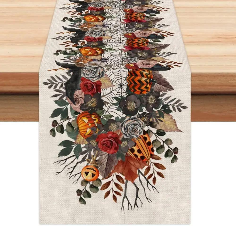 Linen Halloween Table Runner Pumpkin Spider Web Skull Dining Table Decoration Scary Table Cover For Halloween Dinner Party Decor