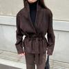 Giacca Invernale da Donna in Finta Pelle Scamosciata Manica Lunga Scollo a V con Cintura Capospalla Casual Vestibilità Aderente Lunghezza Media