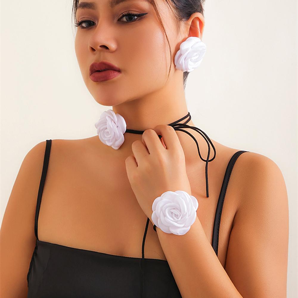 IngeSight.Z Romantic Big Rose Flower Earrings Bracelet Necklace Sets Women Kpop Velvet Rope Chain Party Y2K Wedding Jewelry Sets