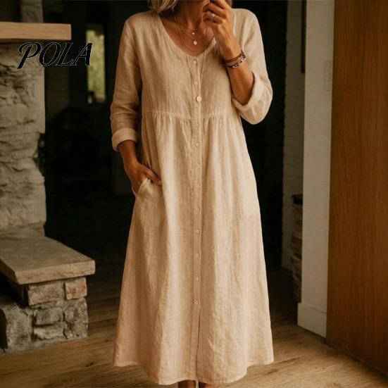 Women Summer Outfit Midi Dress for Women, Button Down Long Sleeve Versatile Party A-line Dress, Casual Loose V Neck Flowy Vacation Outfits Mid-length
