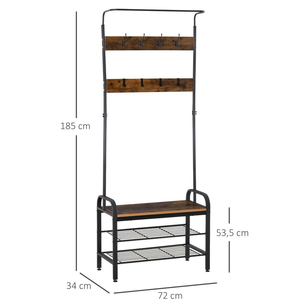 Coat Rack with Shoe Rack, 8 Hooks and 2 Shelves, MDF, 72x34x185cm, Black