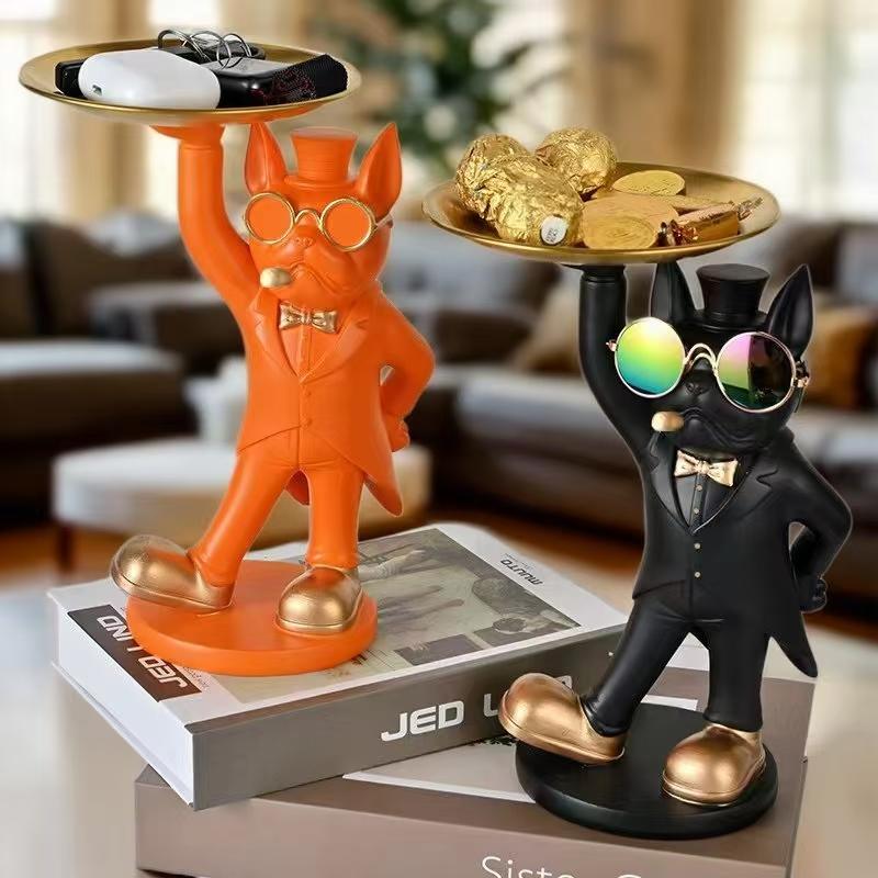 Kreatives Harz-Gentleman-Französische Bulldogge Tierornament, Küchenschale, Schreibtischaufbewahrung, Snack-Süßigkeitenteller, Handarbeiten