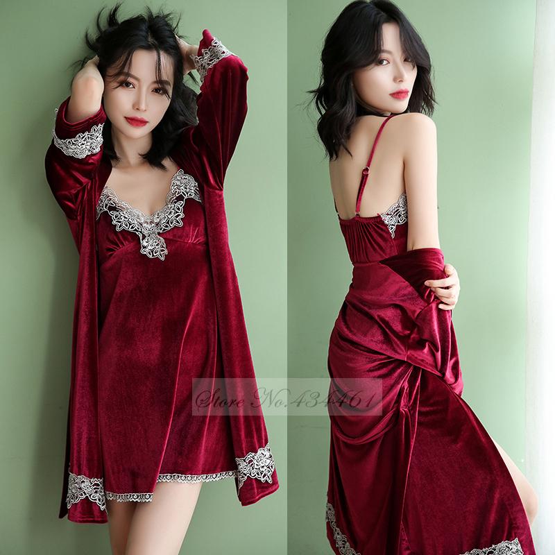 Catifea femeie pijamale pijamale set din patru piese sexy dantelă garnitură halat de baie pantaloni costume toamnă iarnă din catifea haine acasă haine de lounge