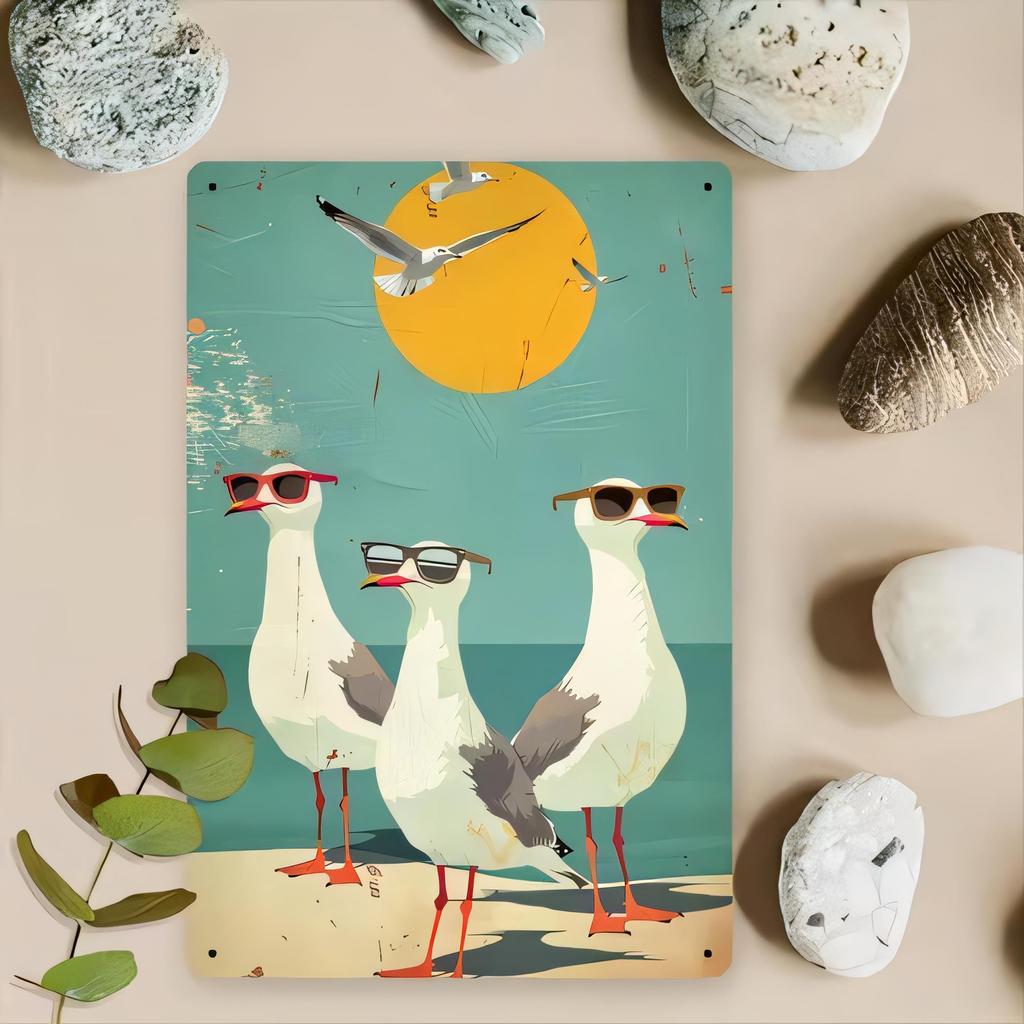 Tin Sign Seagull Birds Beach Poster Retro Wall Decor Coastal Nautical Metal Plaque for Garden Patio Bar Pub Home Bedroom Vinta