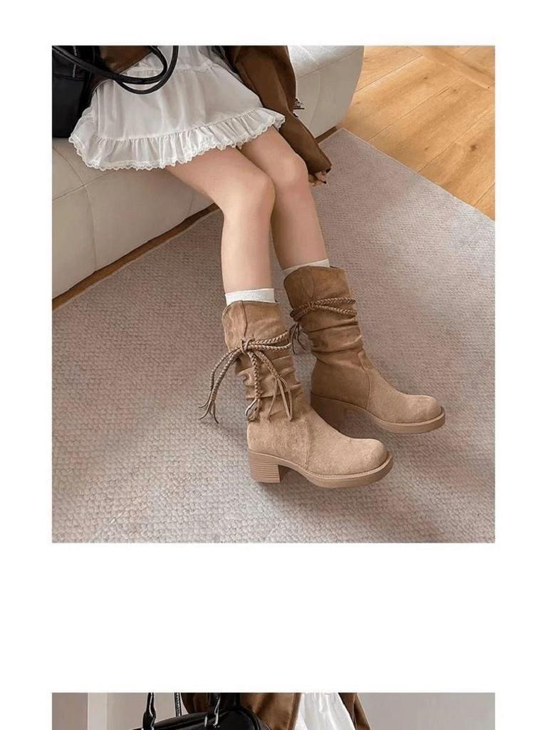 Buty rycerskie z frędzlami Wasteland: Jesień 2025 Botki Kowbojskie z Miękkiego Zamszu na Grubym Obcasie do Połowy Łydki z Wycięciem w Serek