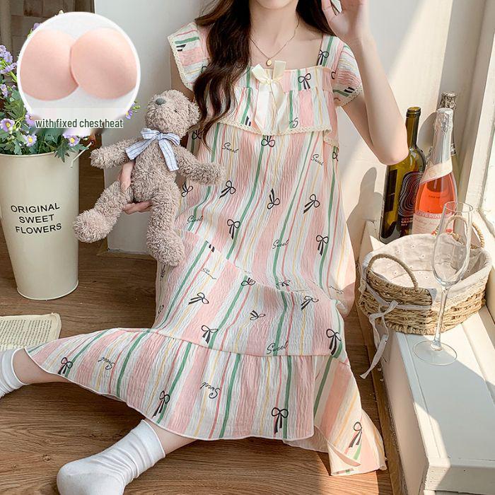 Women's Summer Woven Cotton Camisole Nightgown with Built-in Bra - Princess Style Loungewear & Outdoor Mid-Length Skirt
