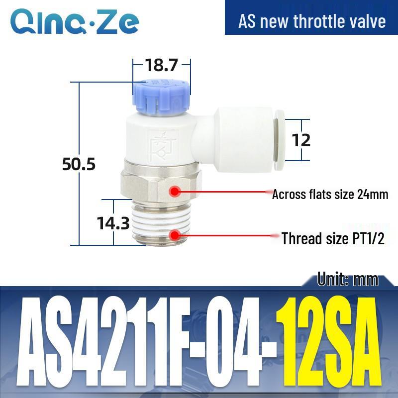 Throttle Speed Control Valve with AS1201F-M5-04A Pneumatic PU Air Hose Connector, Models AS2201F-01-2-06SA/08SA.