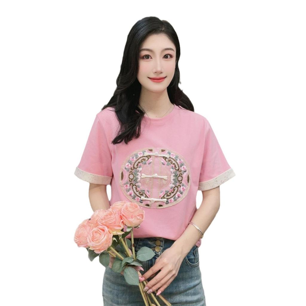 2026 Summer Women's Elegant Embroidered Chinese Style Short Sleeve Round Neck T-shirt