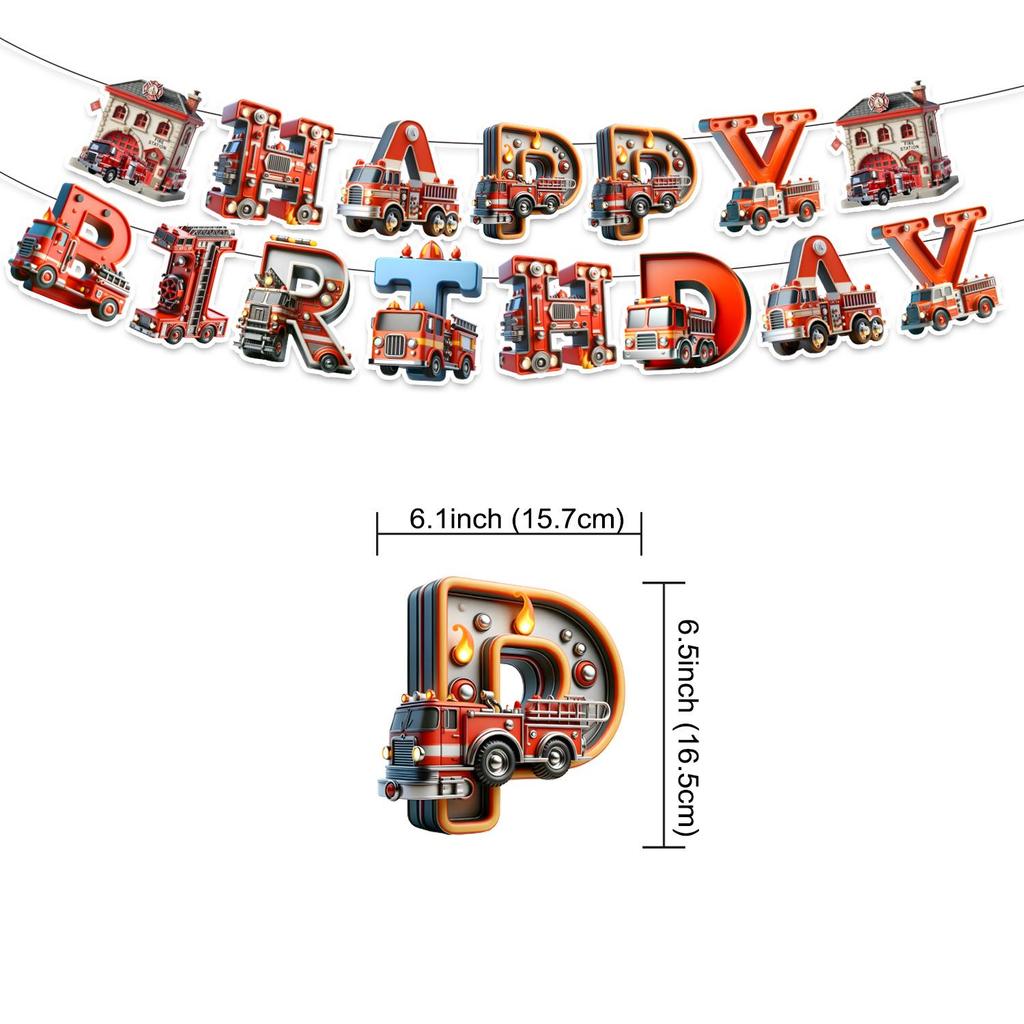 Fire Truck 3D Birthday Party Decoration Set: Banner, Balloons & Flags