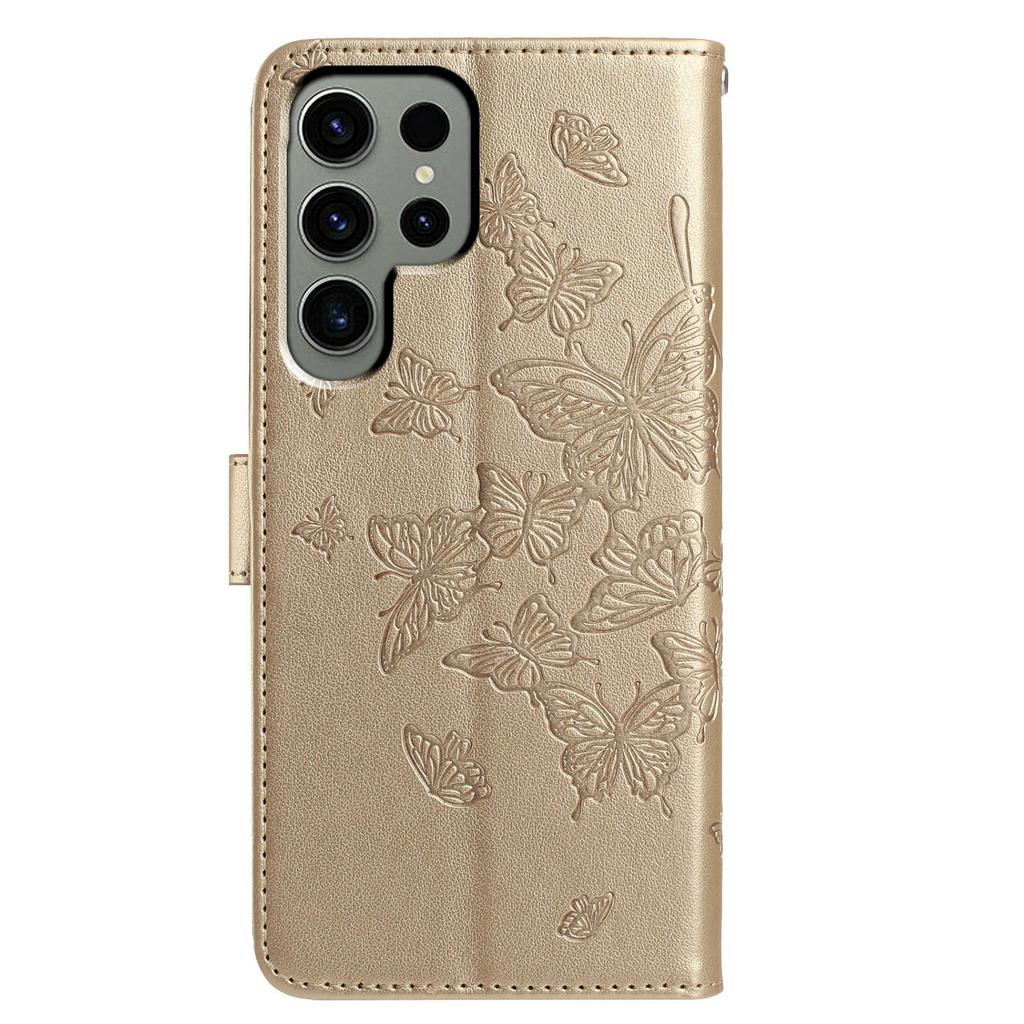 For Samsung Galaxy S24 Ultra Case Butterfly Imprinted Wallet Stand PU Leather Flip Phone Cover with Strap