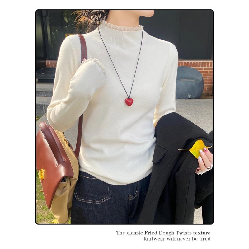 Elegant Fashion Lace Knitted Bottoming Shirt for Women Autumn and Winter Semi-turtleneck Pullover Sweaters Long Sleeve Slim Fit Clothes 2524