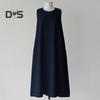Women Summer Dress O Neck Loose A-line Sleeveless Solid Color Mid-calf Length Soft Breathable Casual Pockets Plus Size Lady Midi Dress