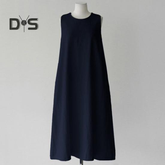 Women Summer Dress O Neck Loose A-line Sleeveless Solid Color Mid-calf Length Soft Breathable Casual Pockets Plus Size Lady Midi Dress