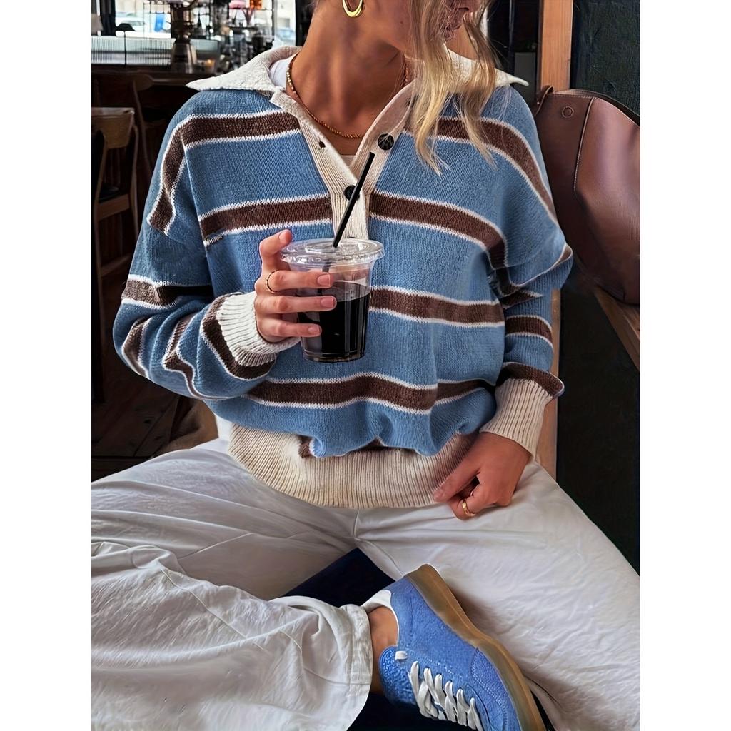 Maglione in Maglia da Donna Invernale Stile Giapponese Retro a Strisce con Mezza Abbottonatura e Colletto Polo, Stile Lento Pigro, Design di Nicchia