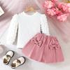 Girls' Bubble Sleeve Top & Bow Skirt 2Pcs Outfit