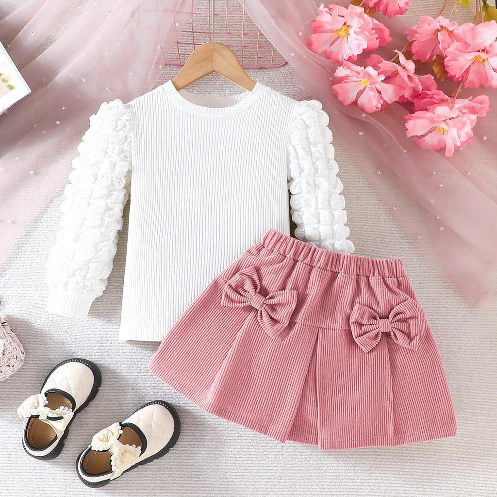Girls' Bubble Sleeve Top & Bow Skirt 2Pcs Outfit