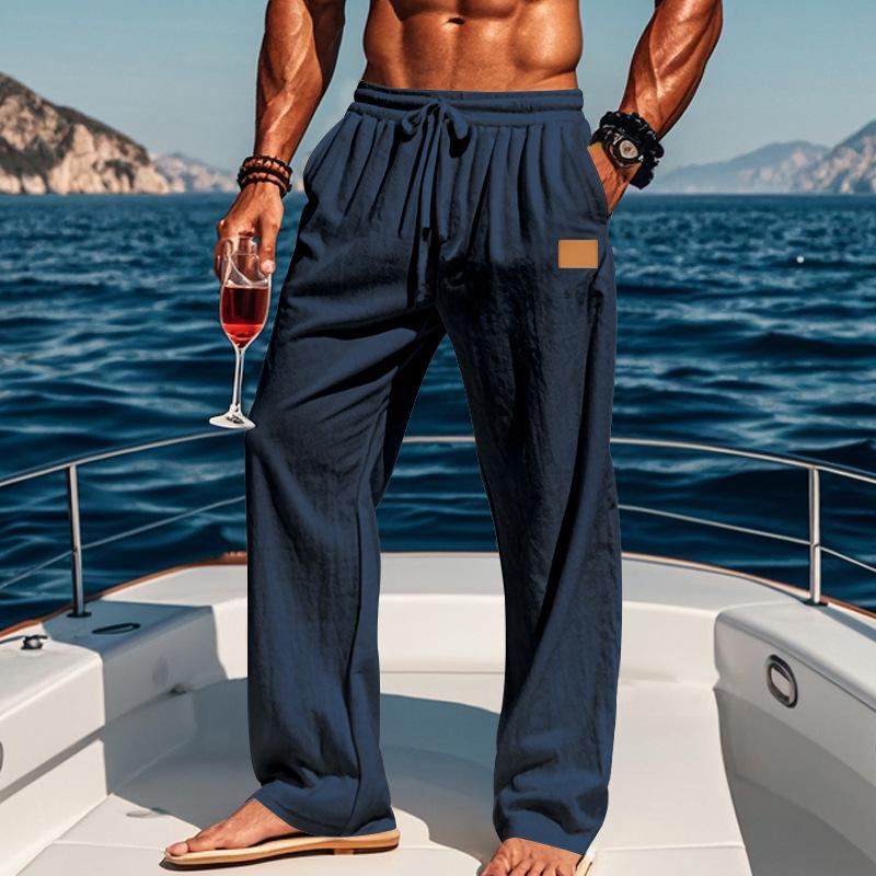 Cross-Border Men's Cotton Linen Drawstring Beach Pants.