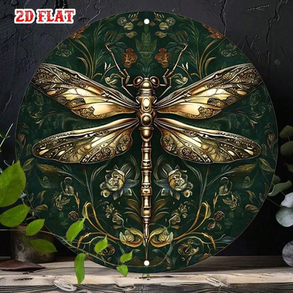 Элегантное алюминиевое настенное панно «Стрекоза», 2D плоский металлический знак «Природа», Цветочный дизайн, Круглый, Темный фон 20x20 разноцветный