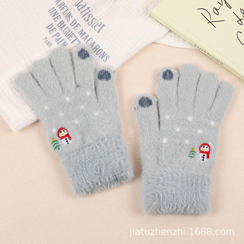 Christmas Atmosphere Can Be Cute Snowman Embroidered Plush Gloves Women's Winter Plush Thermal Gloves