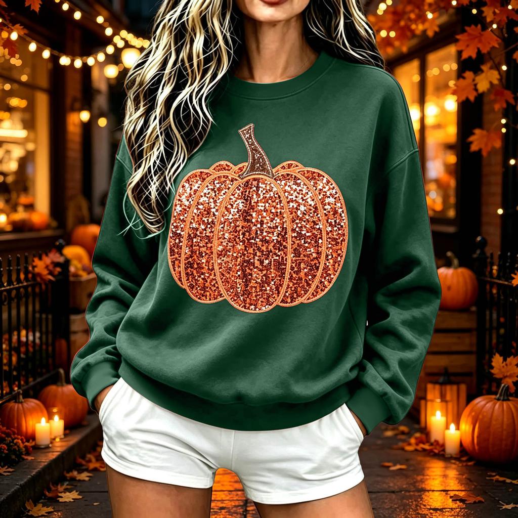 Women's Casual Round Neck Halloween Pumpkin Print Top with Sequins for Party and Daily Wear