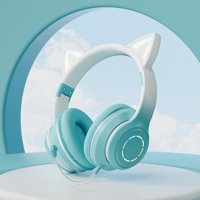 Világító színátmenetes macskafüles Bluetooth fejhallgató online órákhoz és játékhoz - univerzális ajándék kiadás