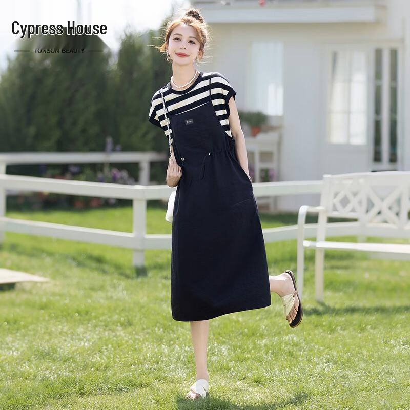 Women s Striped Fake Two-Piece Mid-Length T-Shirt Dress 42