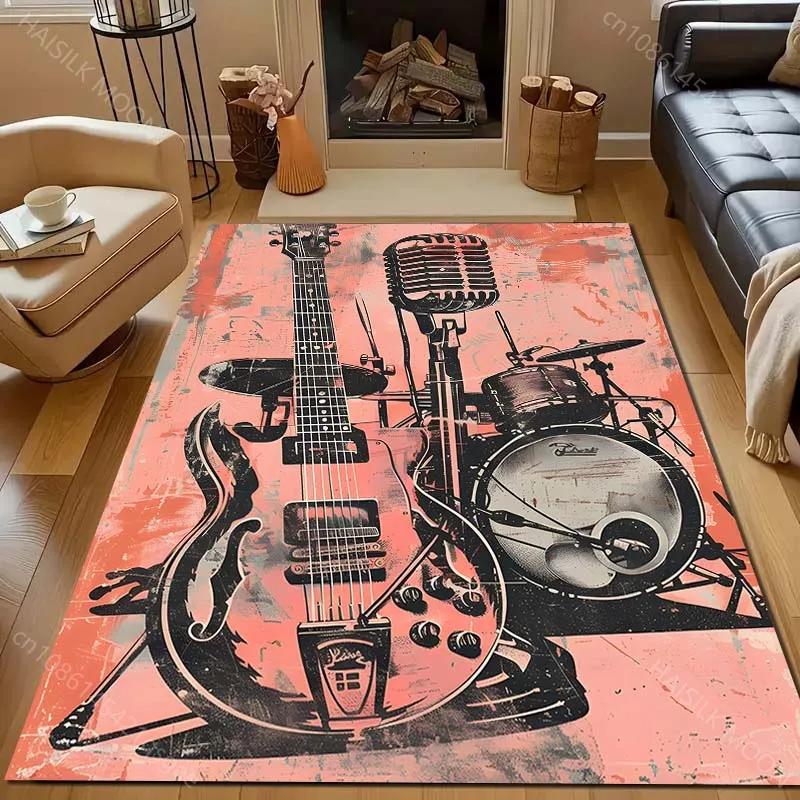 Guitar Microphone Drum Kit Print Carpet Rugs for Bedroom Living Room Sofa, Study Yoga Non-Slip Rug, Multi-Size Next Day Shipping