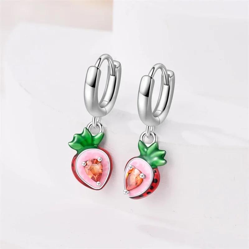 New 925 Silver Bee Butterfly Pink Lily Lotus Earrings for Women Cherry Apple Strawberry Ear Studs Elegant Party Jewelry