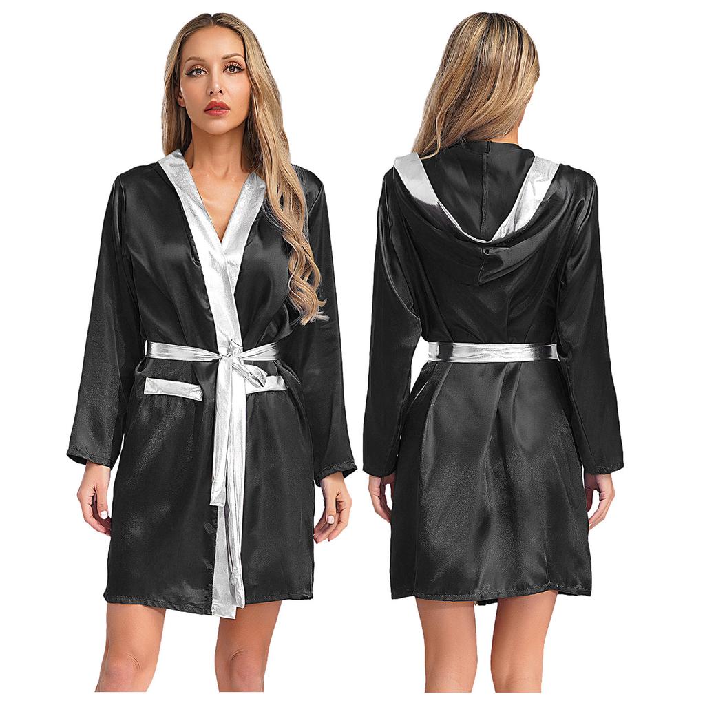 Damen Box Robe Halloween Cosplay Kostüm Langarm Offene Vorderseite Metallische Borte Satin Kapuze Umhang mit Gürtel