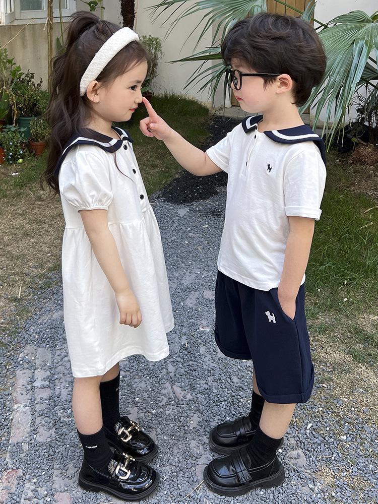 Summer Boys' Sailor Collar & Girls' Academy Style Dress Set - Children's Trendy Sibling Outfits.