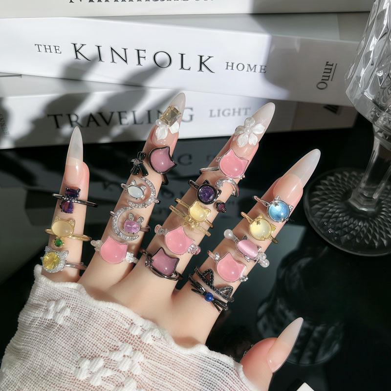 Exquisite Y2K Pink Cat Eye Stone Ring: Stylish, Sweet, and Fashionable Finger Accessory for Women