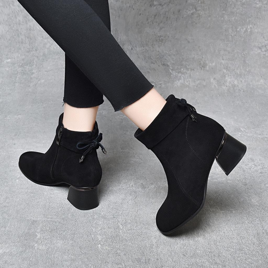Round head small short boots women's new thick heel lapel bow fashion boots medium heel sheepskin women's fashion boots