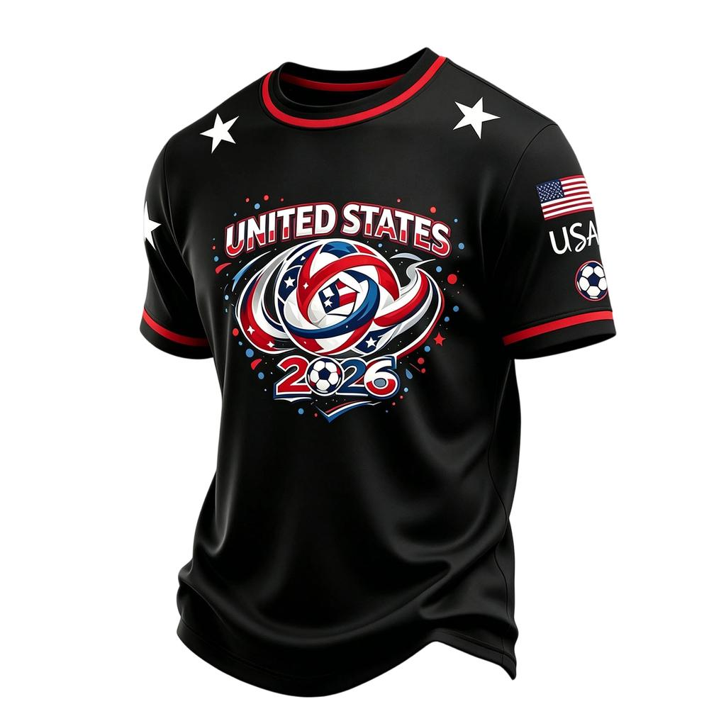 Men's Casual Printed Crew Neck Lightweight Breathable Short Sleeve Shirt Soccer Themed Graphic Design USA Map and Flag Pattern