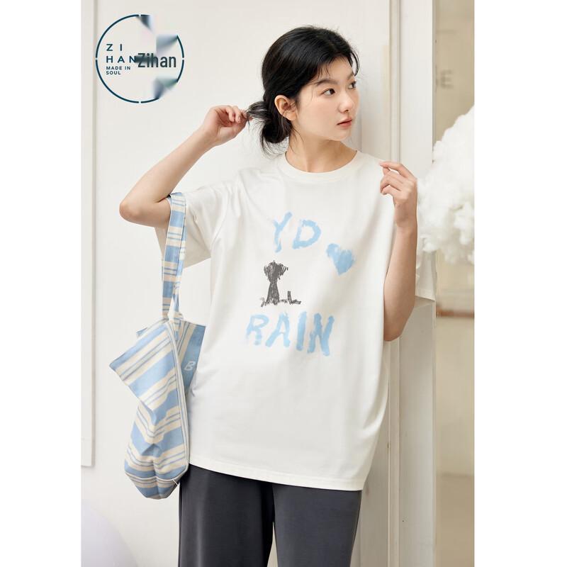 ZIHAN Puppy Letter Print Short Sleeve T-Shirt M
