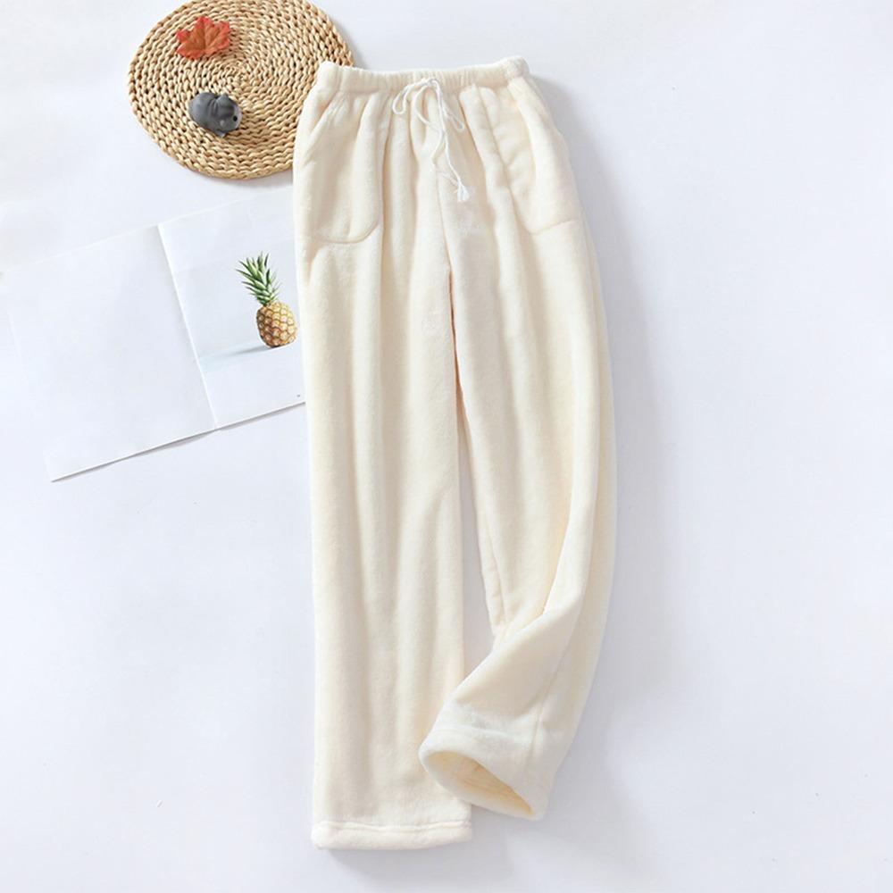 Women's Fuzzy Fleece Wide Leg Pajama Pants Elastic Drawstring Waist Warm Loungewear Sleep Trousers With Pockets