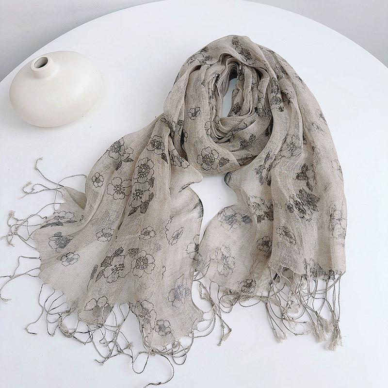 

High Quality 100% Natural Linen Scarf Hijab Shawls Vintage Spring Floral Large Size Scarves With Tassels 60x180cm