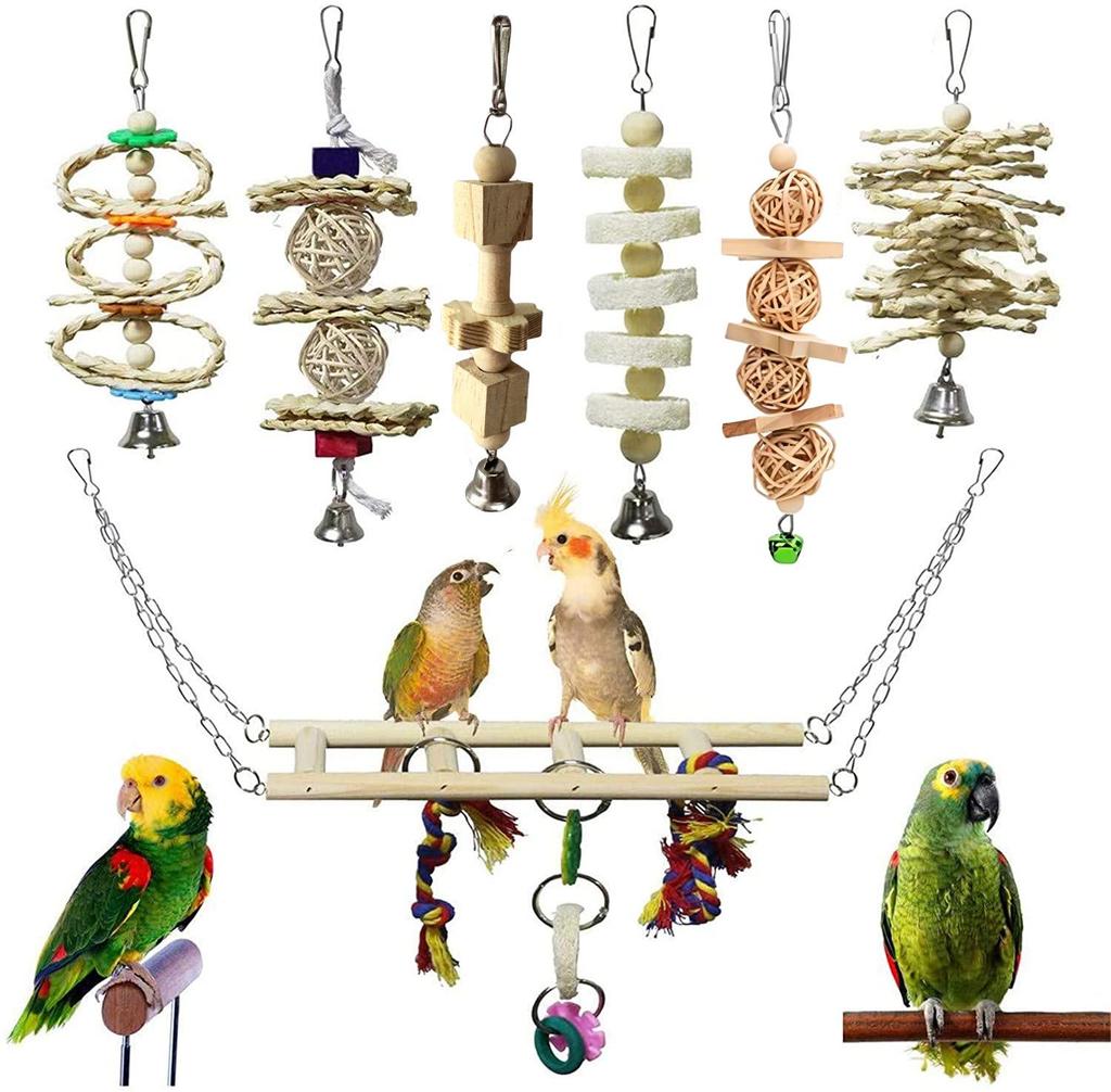 Ensemble de 11 jouets pour perroquet: Accessoires Cage à Oiseaux avec Échelle, Balançoire, Anneau à Suspendre et Balle Éducative