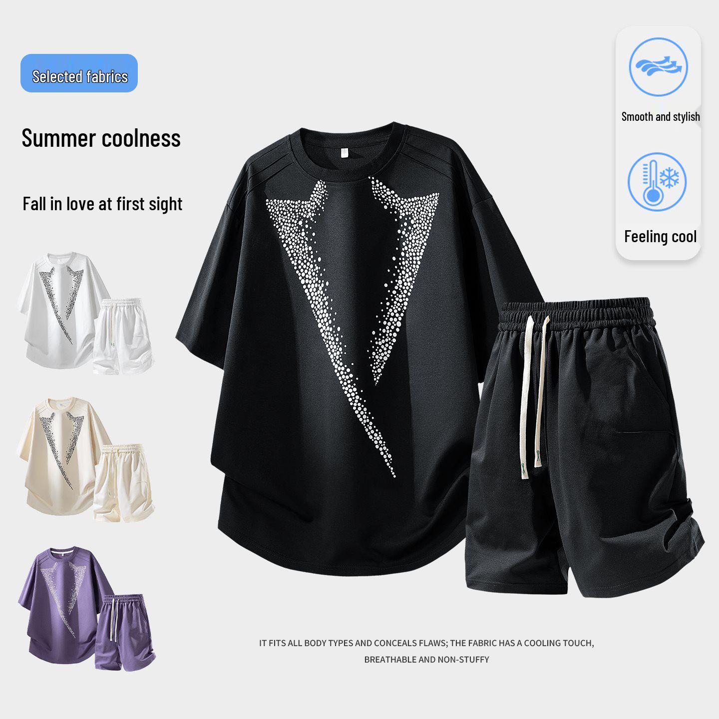 

2026 Men s Ice Silk Summer Casual Two-Piece Set: Trendy Short Sleeve T-Shirt & Shorts Combo Medium