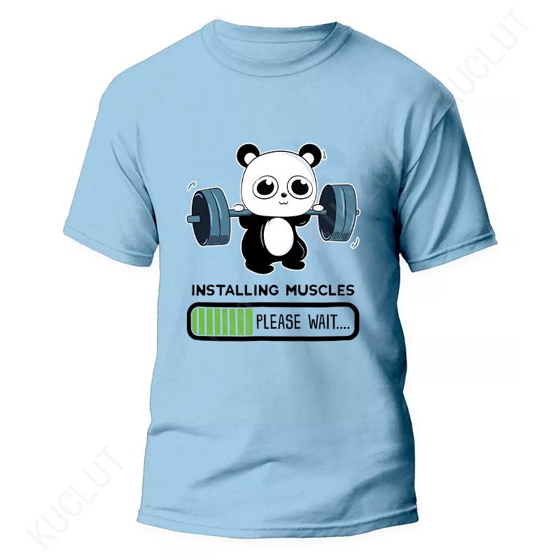 Funny Panda Gym Print T-Shirt Unisex Tees for Men Women O-neck Casual Short Sleeved Weightlifting Installing Muscles Basic Tops