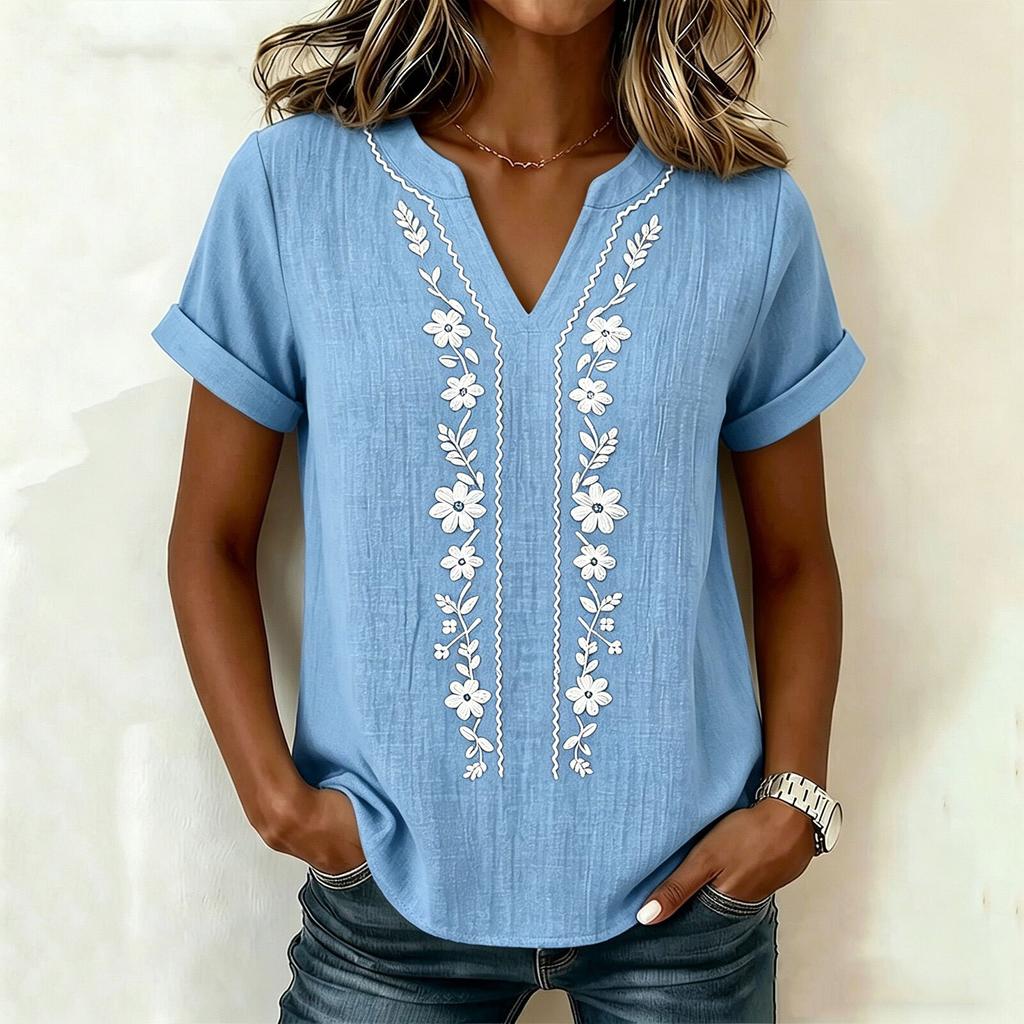 Women's V-Neck Embroidered Blouse - Short Sleeve, Casual Tunic Top for Summer, Business Casual Shirt